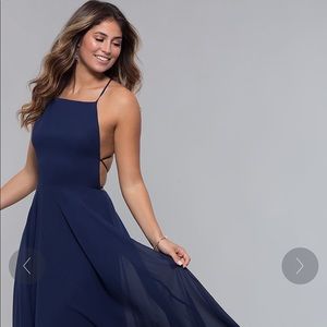 Square-Neck Long Chiffon Open-Back Navy Prom Dress